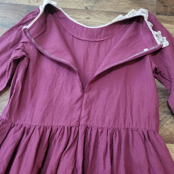 Len.Ok 100% Linen Purple 3/4 Sleeve Collared Lace Detail Knee Length Dress - Picture 8 of 8